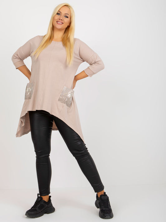 Beżowa długa bluzka plus size z aplikacją z dżetów