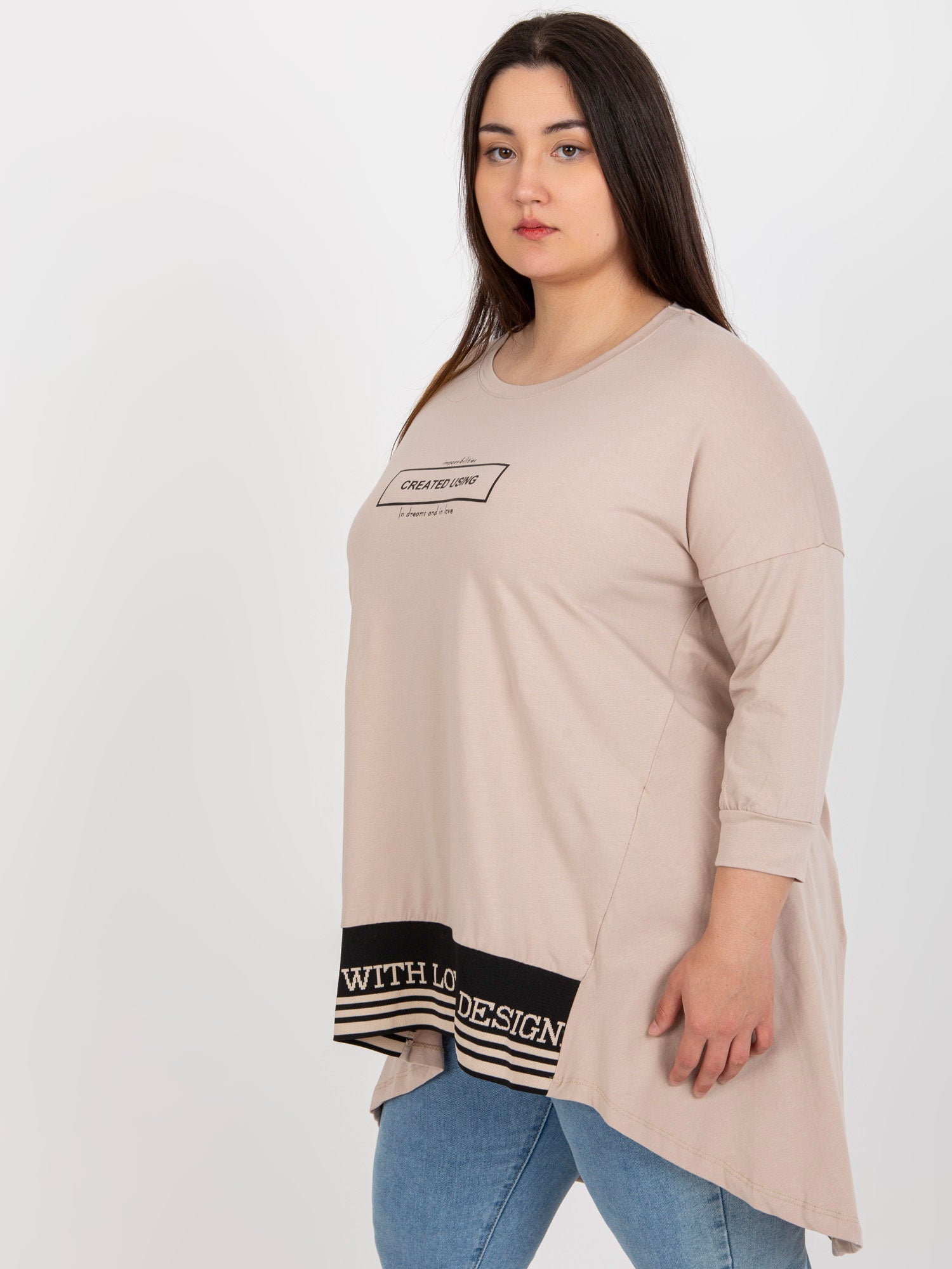 Beżowa dresowa tunika plus size z bawełny