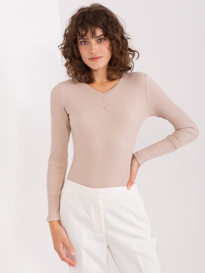 Beżowa bluzka basic w prążek  BASIC FEEL GOOD
