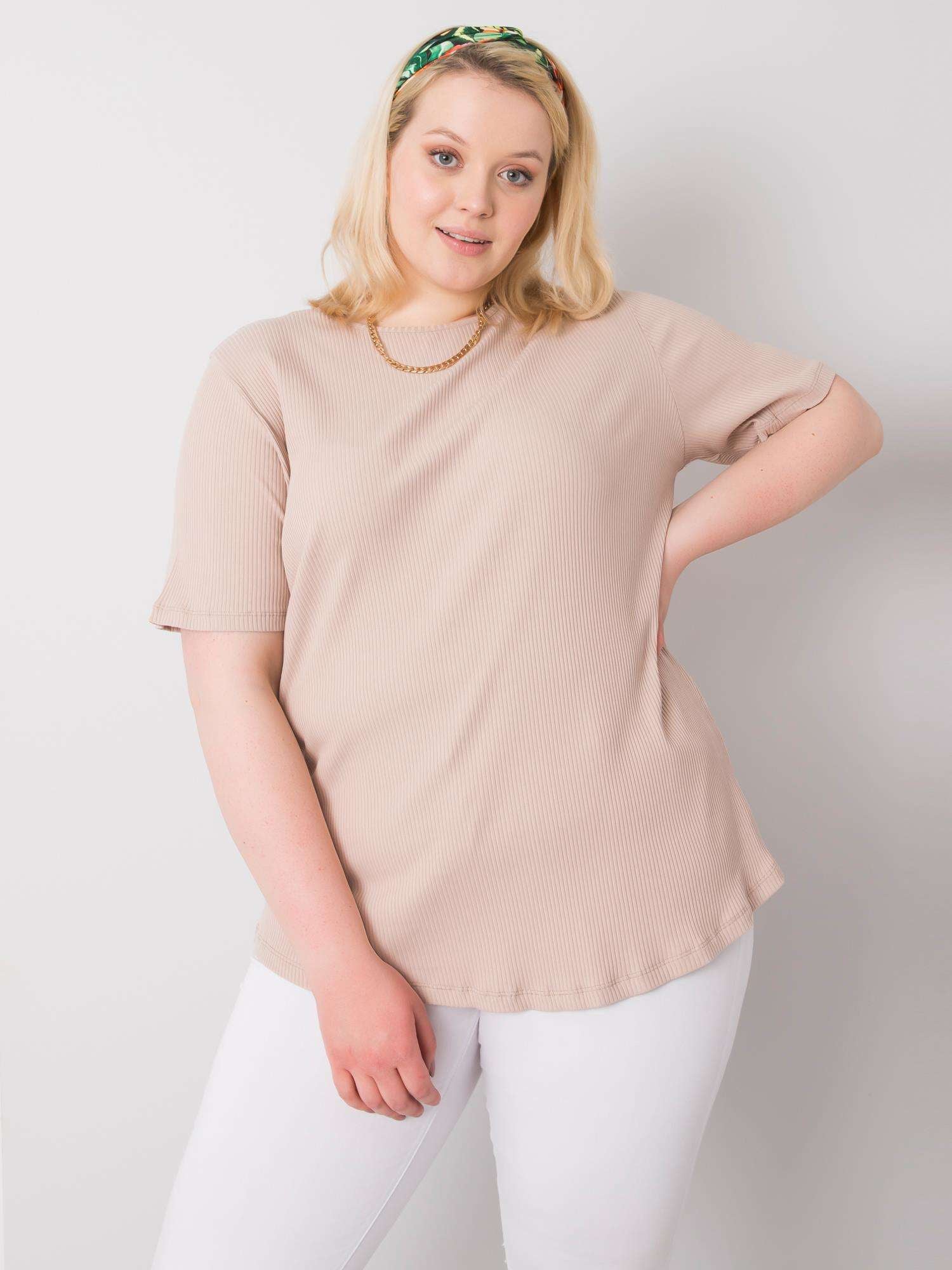 Beżowa bluzka plus size w prążek