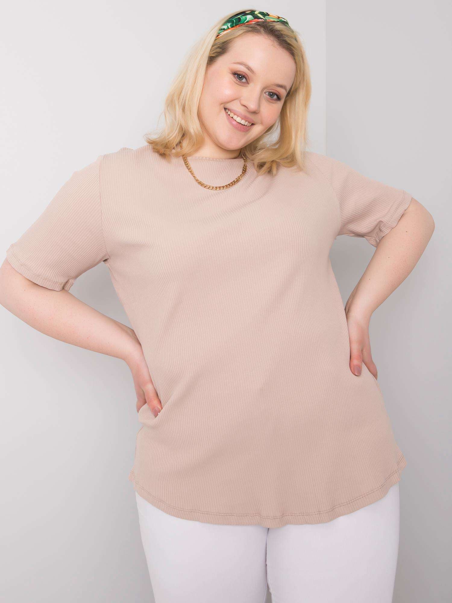 Beżowa bluzka plus size w prążek