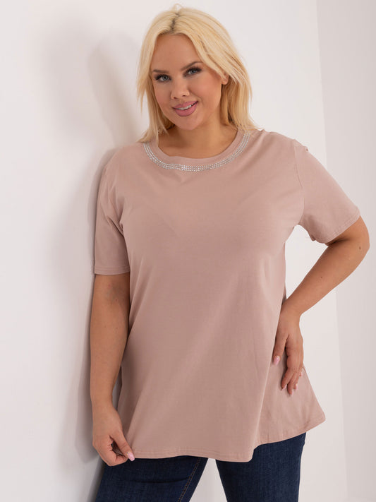 Beżowa bawełniana bluzka plus size z koronką na plecach