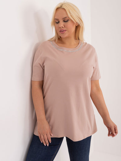 Beżowa bawełniana bluzka plus size z koronką na plecach
