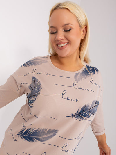 Beżowa bawełniana bluzka plus size z rękawem 3/4