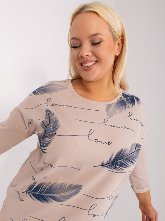 Beżowa bawełniana bluzka plus size z rękawem 3/4