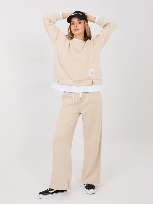 RUE PARIS Beżowa damska bluza oversize z naszywką