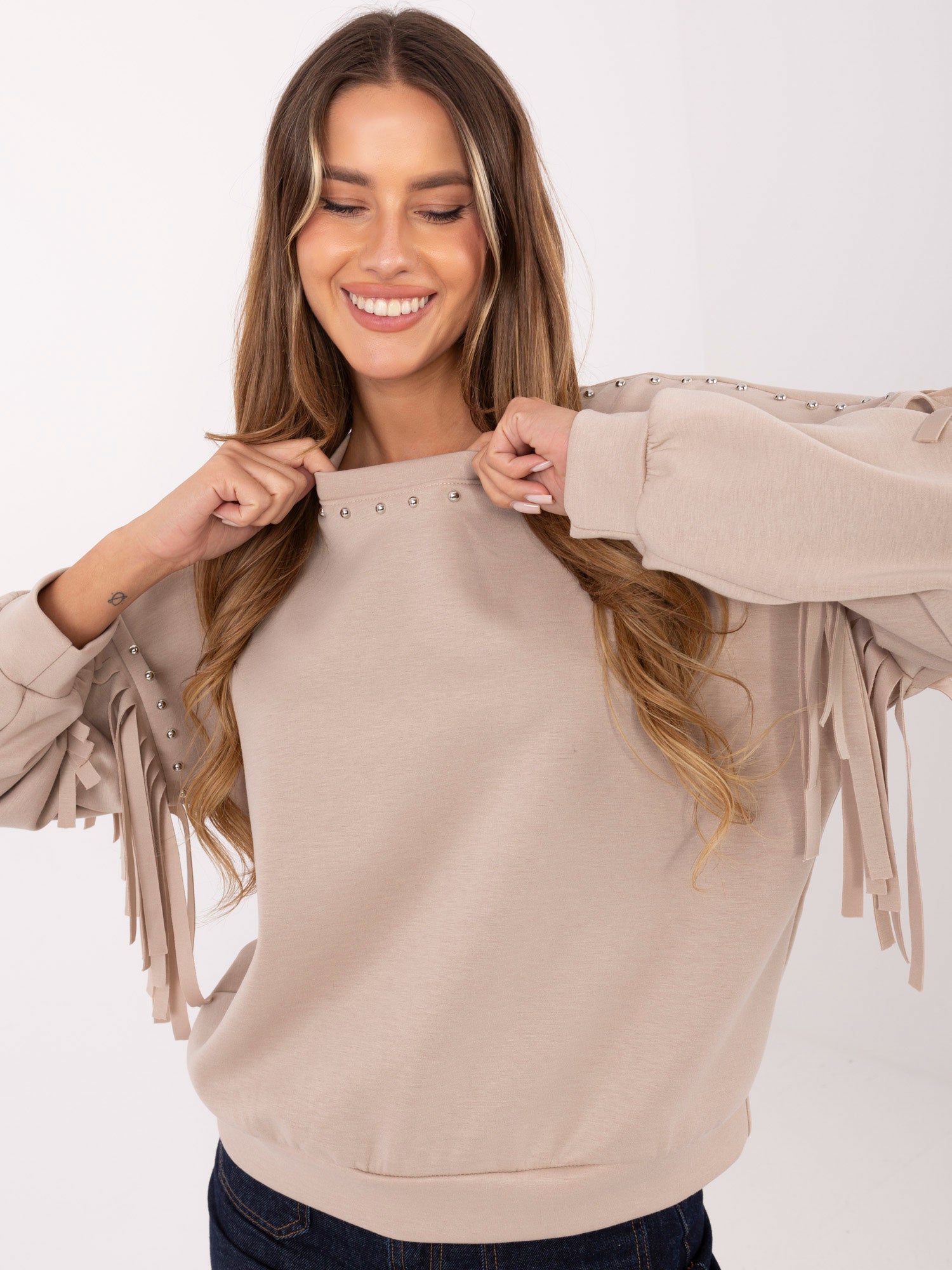 RUE PARIS Beżowa damska bluza w stylu country