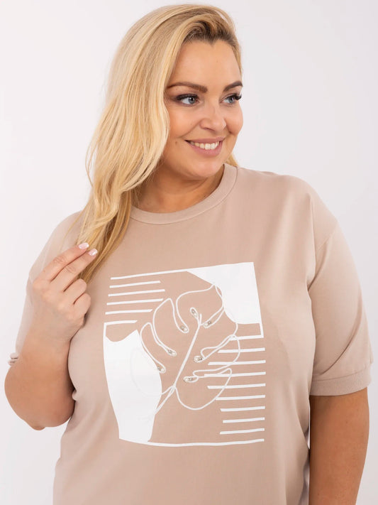 Beżowa damska bluzka plus size z perełkami