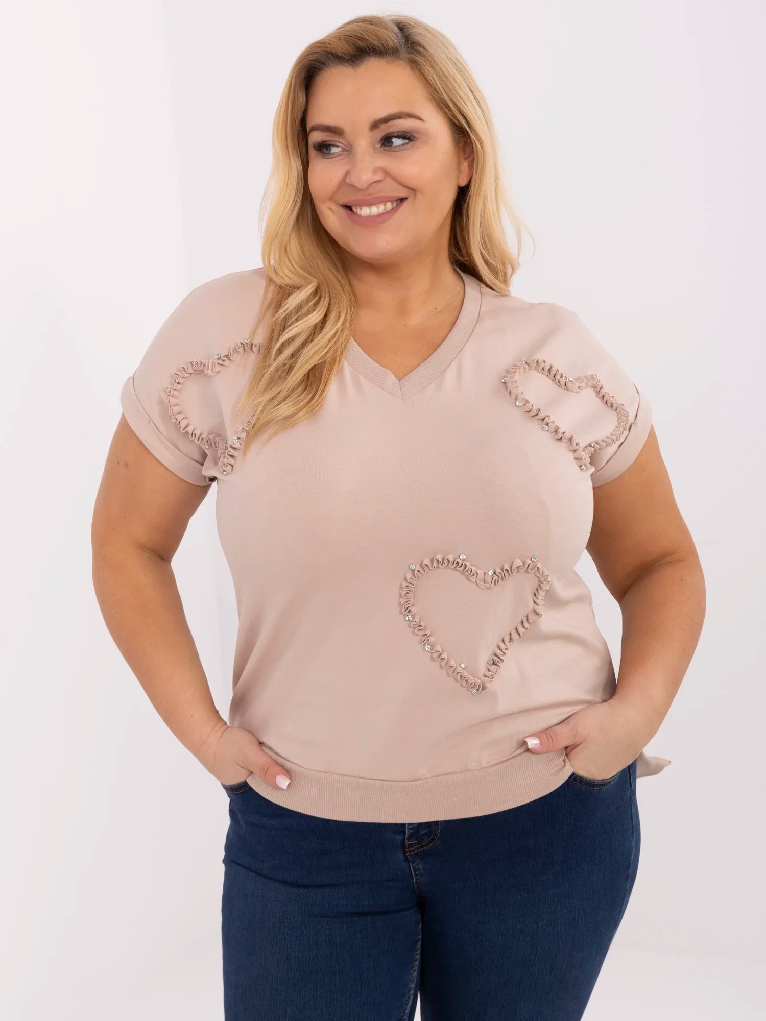 Beżowa damska bluzka plus size z cyrkoniami
