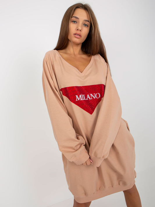 Beżowa długa bluza oversize z aplikacją z dżetów