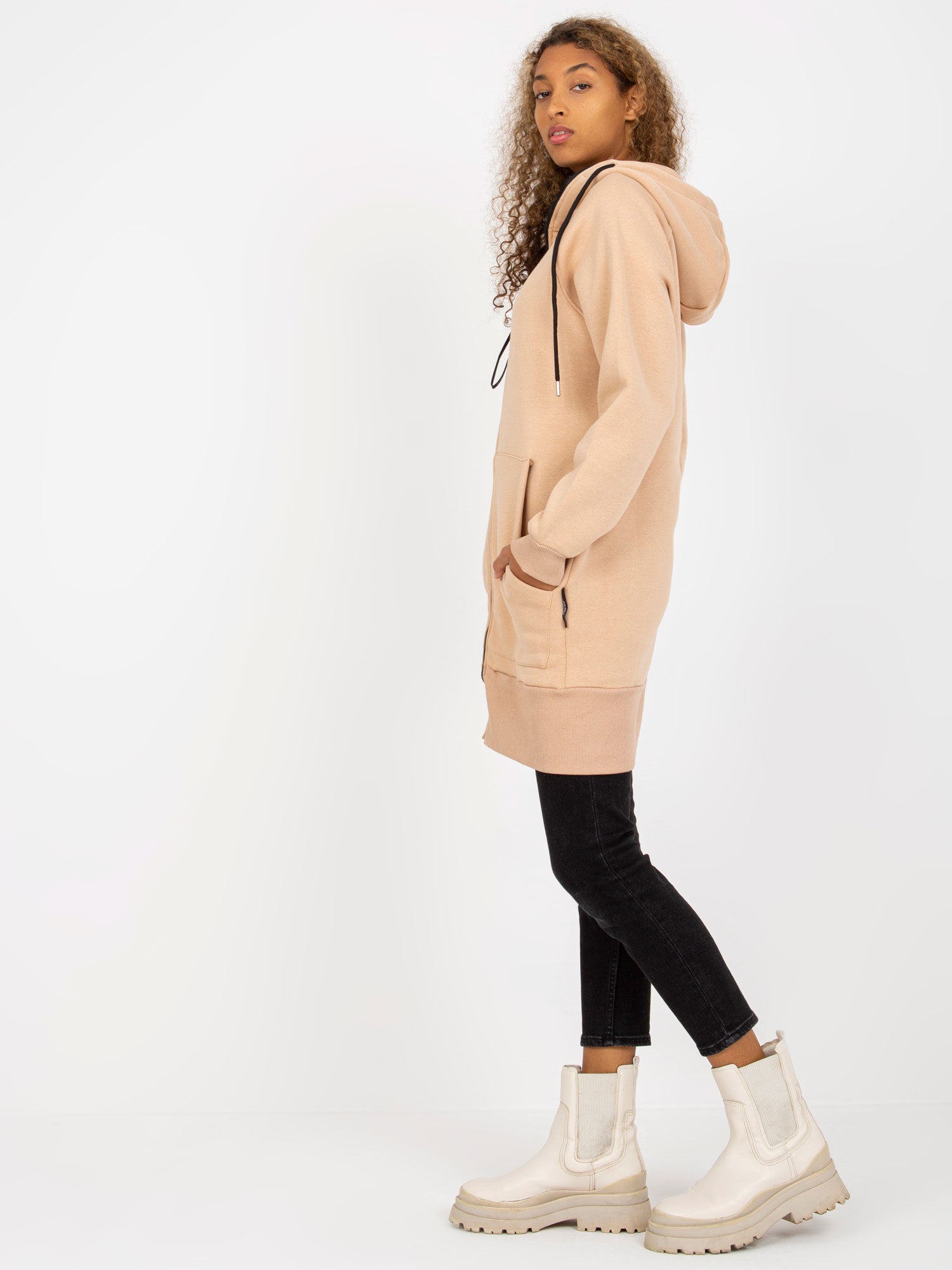 Beżowa długa rozpinana bluza basic z kapturem RUE PARIS