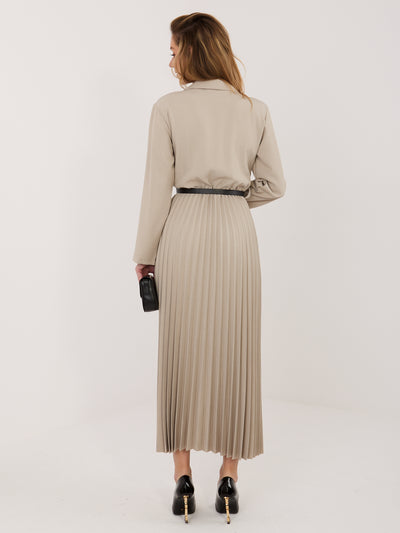 RUE PARIS Beżowa elegancka sukienka z paskiem