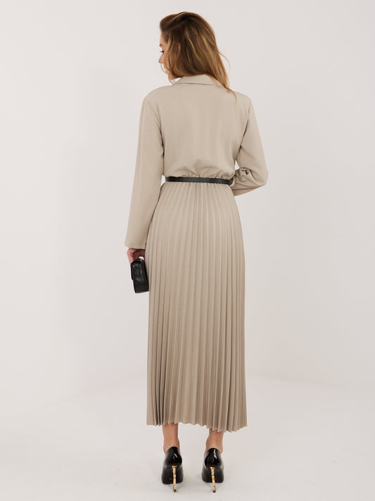 RUE PARIS Beżowa elegancka sukienka z paskiem