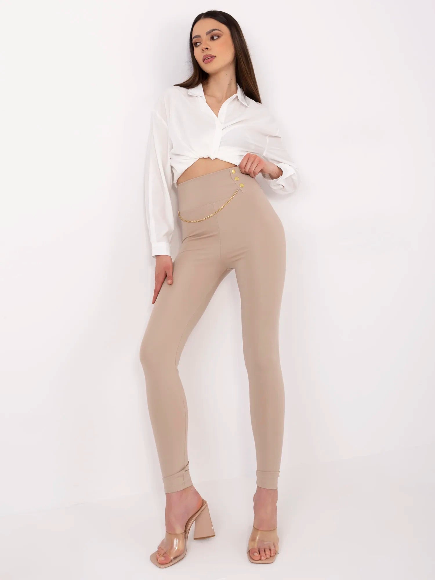 Beżowe damskie legginsy high waist