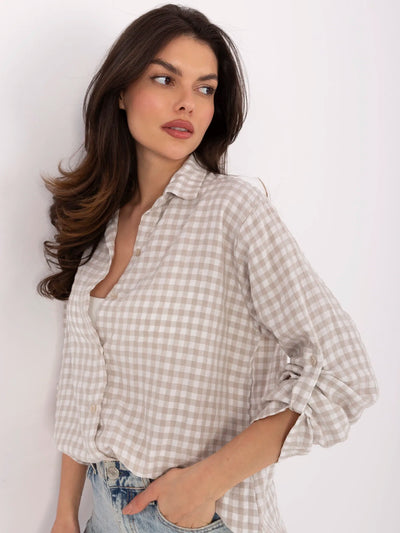 Beżowo-biała rozpinana koszula damska w kratę