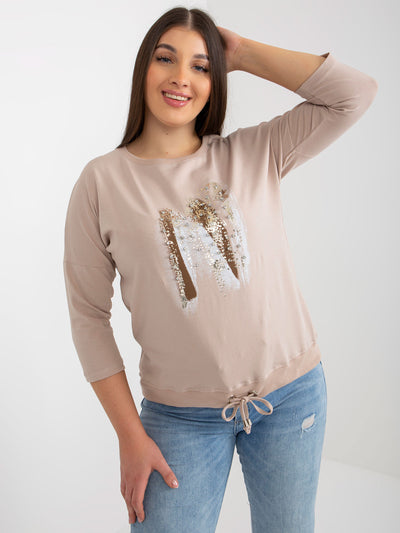 Beżowo-brązowa bluzka plus size z aplikacją