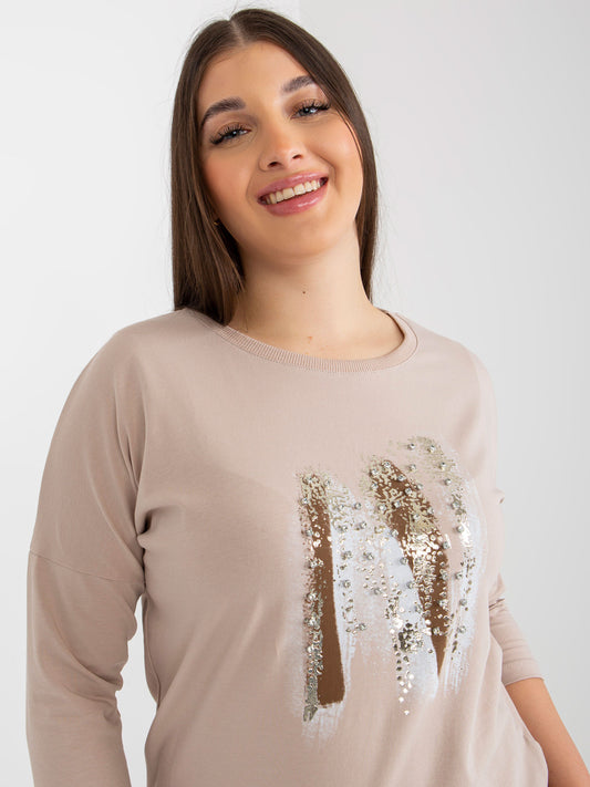 Beżowo-brązowa bluzka plus size z aplikacją