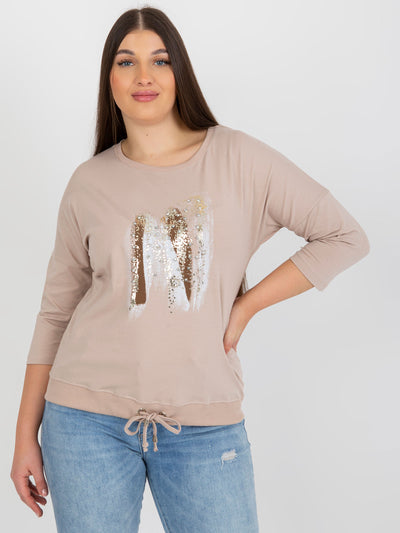 Beżowo-brązowa bluzka plus size z aplikacją