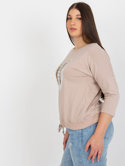 Beżowo-brązowa bluzka plus size z aplikacją