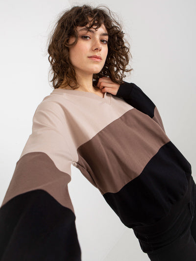 Beżowo-czarna bluza basic z dekoltem w serek RUE PARIS