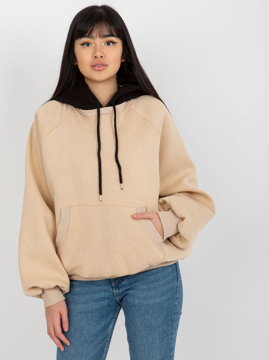 Beżowo-czarna luźna dresowa bluza basic z kapturem