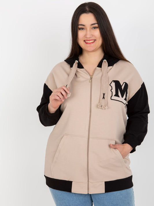 Beżowo-czarna rozpinana bluza plus size z naszywką
