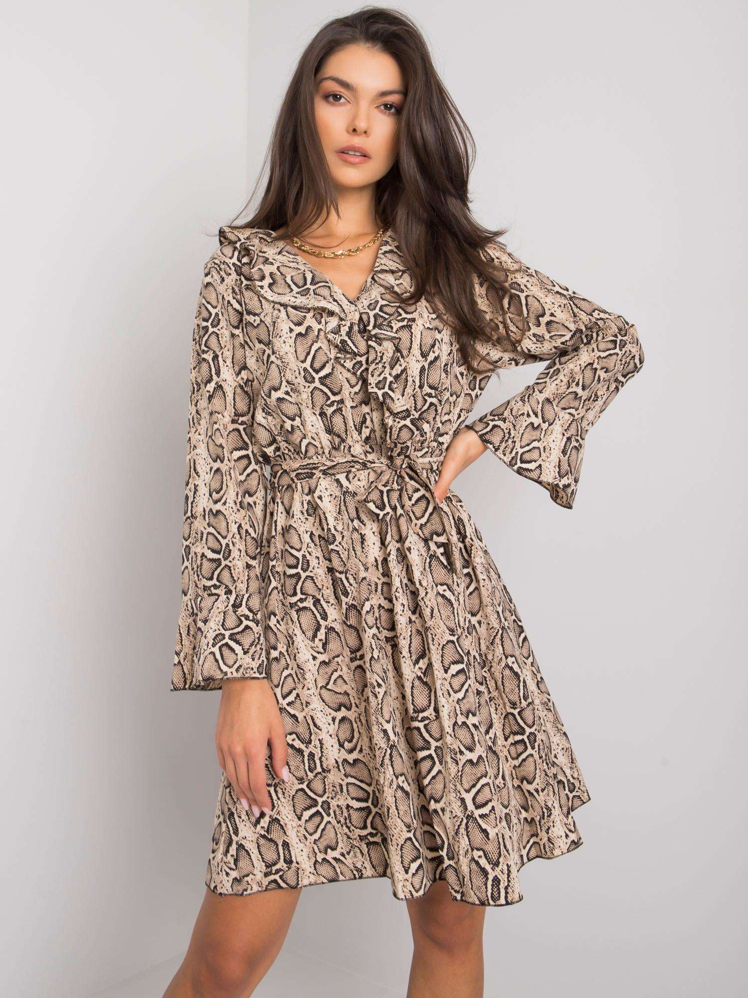 Beżowo-czarna sukienka animal print