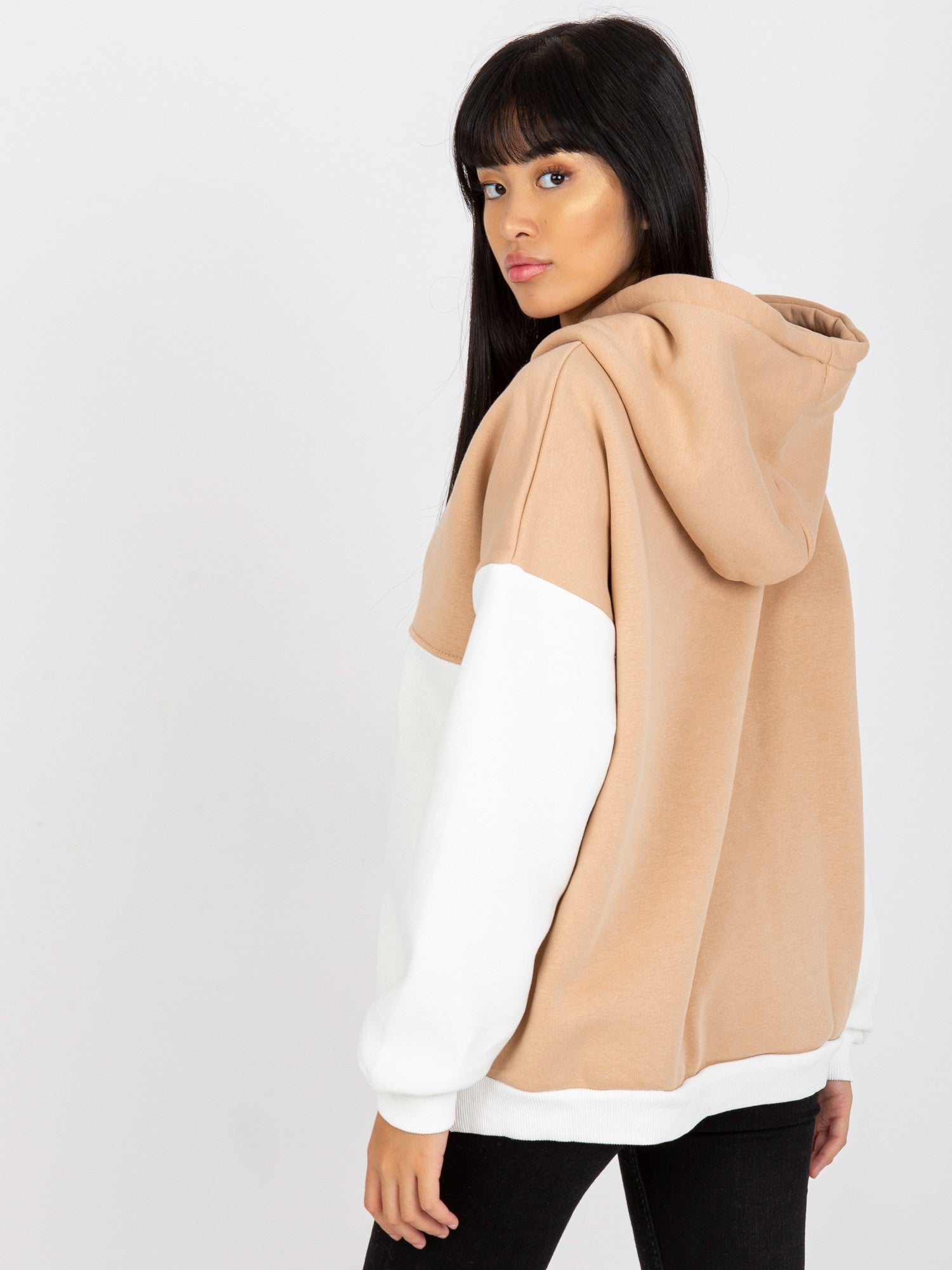 Beżowo-ecru dresowa bluza basic z kapturem RUE PARIS