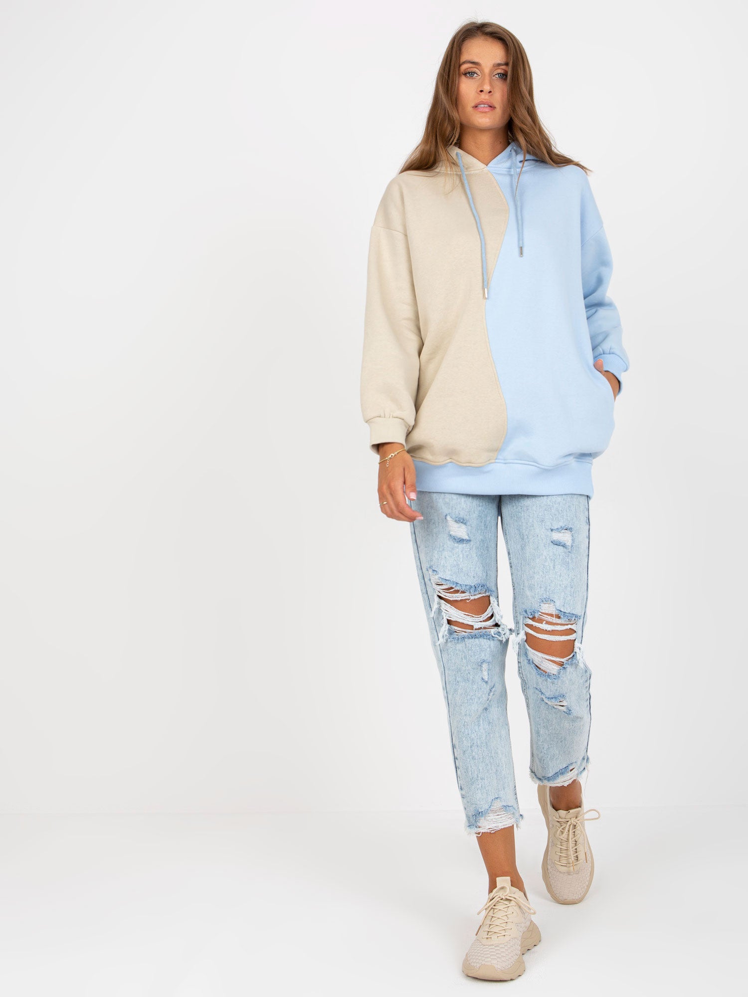 Beżowo-niebieska damska bluza basic z kapturem RUE PARIS