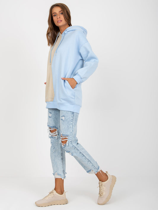 Beżowo-niebieska damska bluza basic z kapturem RUE PARIS