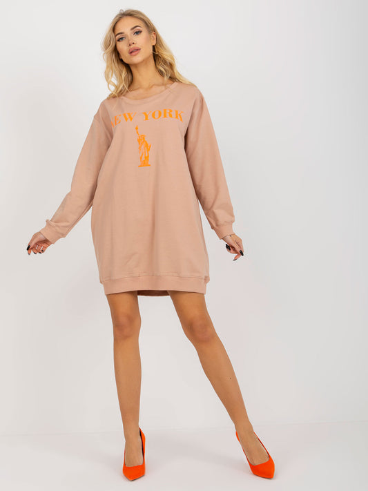 Beżowo-pomarańczowa długa bluza oversize z nadrukiem