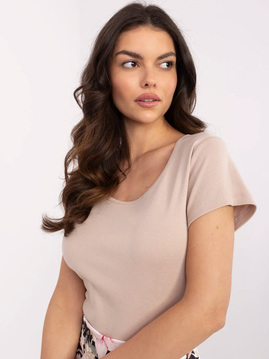 RUE PARIS Beżowy damski t-shirt basic z bawełny