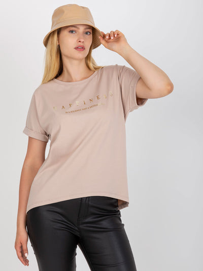 Beżowy bawełniany t-shirt plus size z nadrukiem