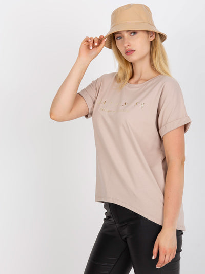 Beżowy bawełniany t-shirt plus size z nadrukiem