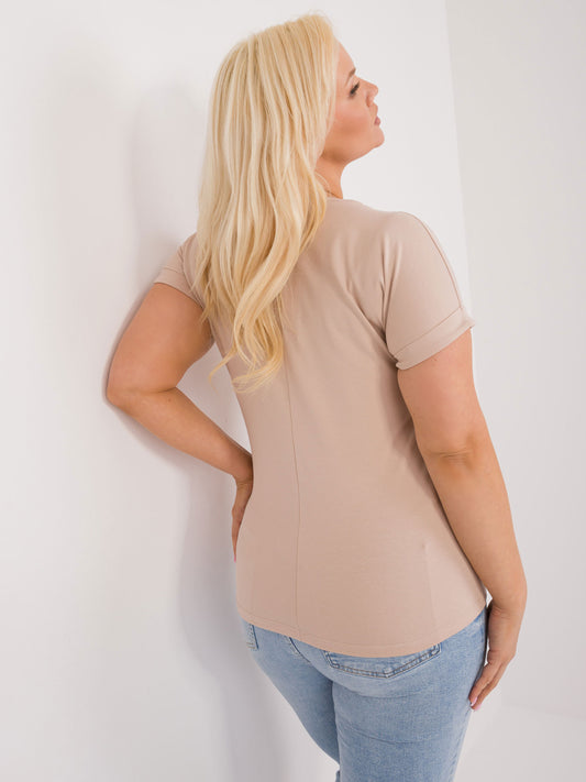 Beżowy t-shirt plus size z aplikacją z dżetów