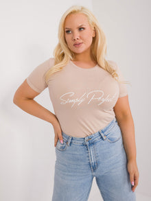 Beżowy bawełniany t-shirt plus size z okrągłym dekoltem