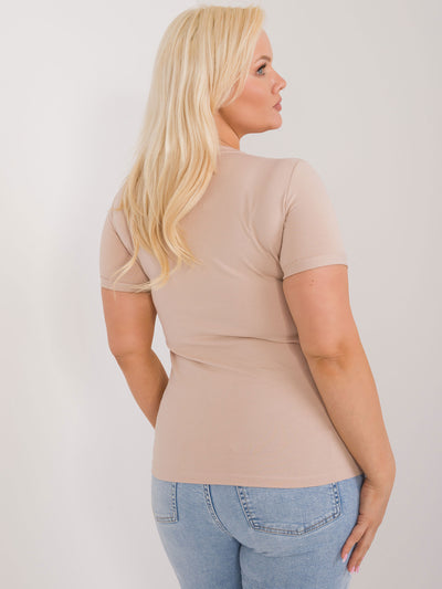 Beżowy bawełniany t-shirt plus size z okrągłym dekoltem