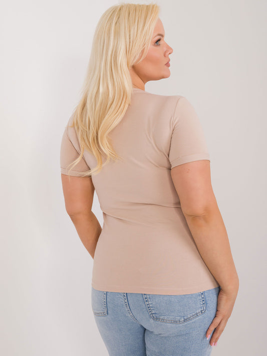 Beżowy bawełniany t-shirt plus size z okrągłym dekoltem