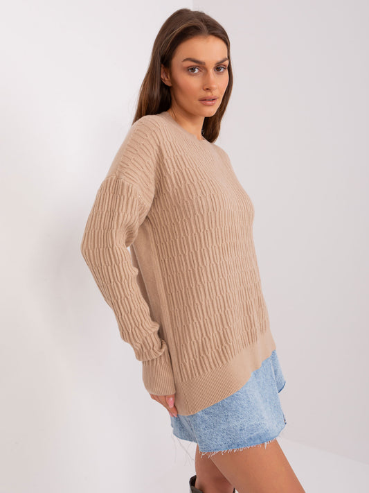 Beżowy sweter klasyczny z okrągłym dekoltem