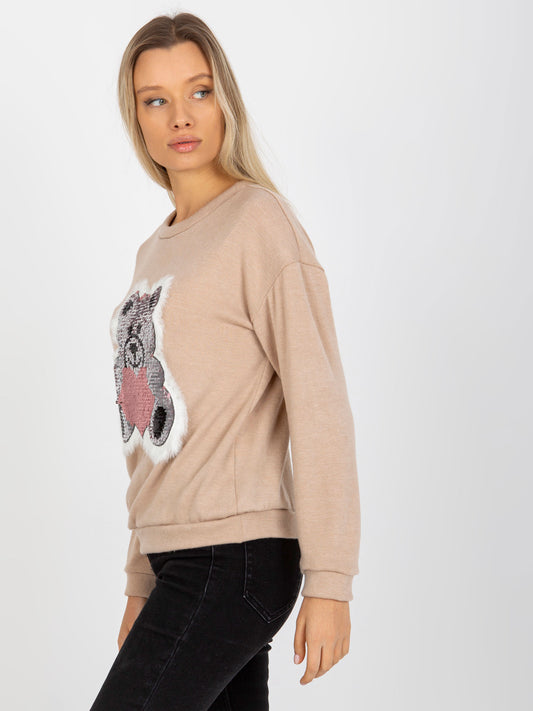 Beżowy damski sweter klasyczny z cekinową aplikacją