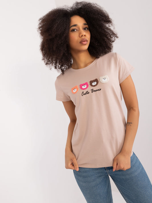 BASIC FEEL GOOD Beżowy t-shirt z naszywkami