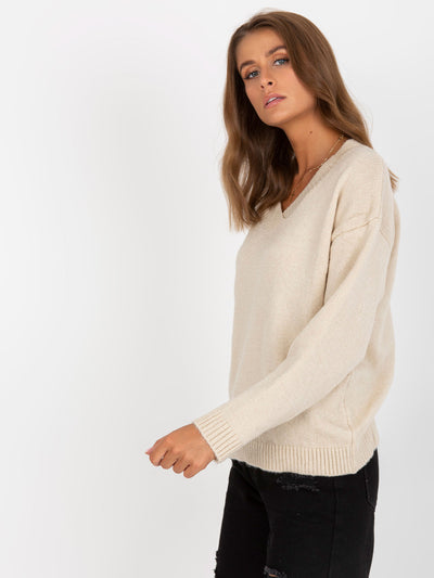 Beżowy dzianinowy sweter klasyczny RUE PARIS