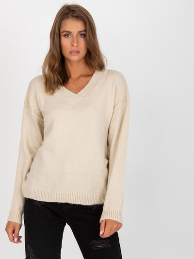 Beżowy dzianinowy sweter klasyczny RUE PARIS