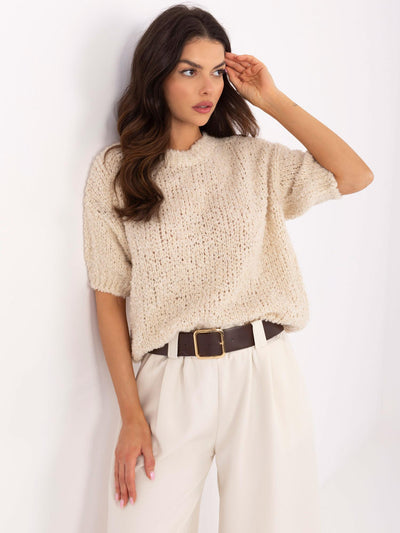Beżowy sweter oversize z krótkim rękawem