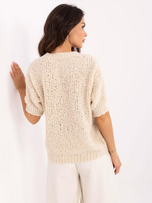 Beżowy sweter oversize z krótkim rękawem