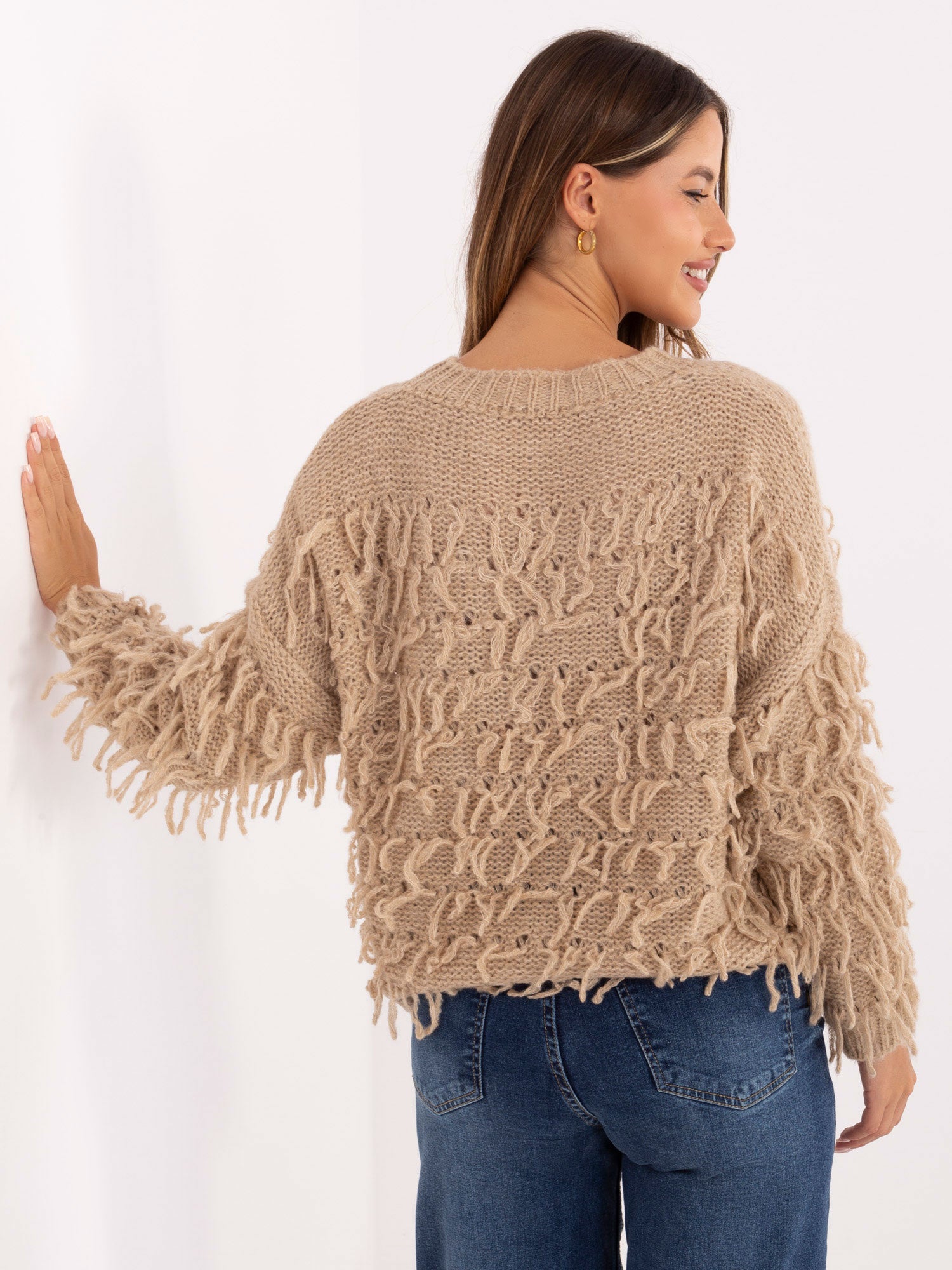 RUE PARIS Beżowy damski sweter w stylu boho