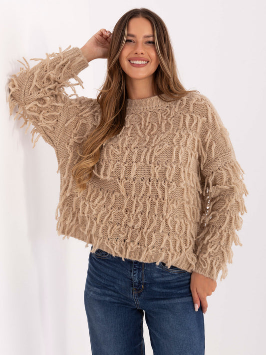 RUE PARIS Beżowy damski sweter w stylu boho