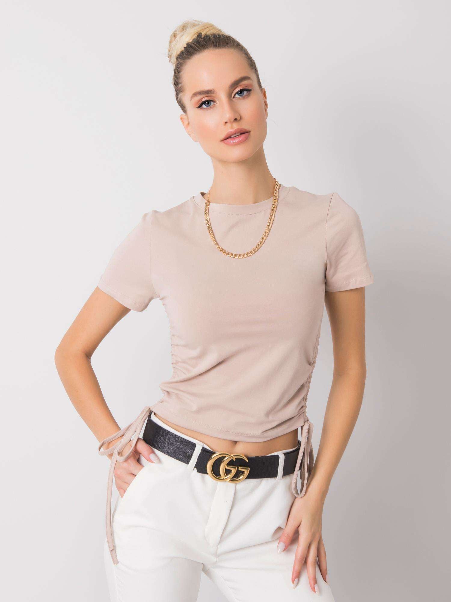 Beżowy t-shirt damski z bawełny