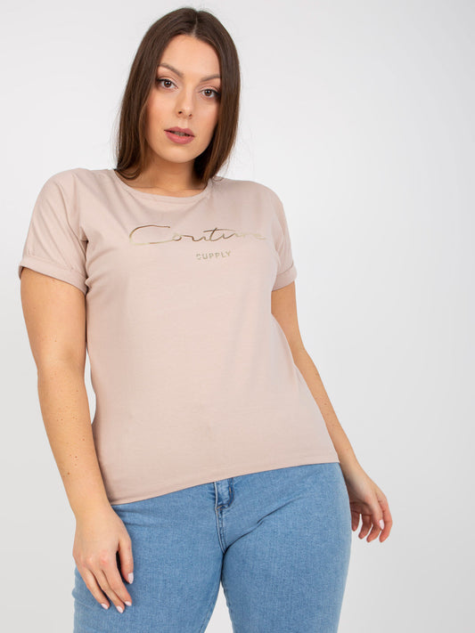 Beżowy t-shirt plus size z napisem
