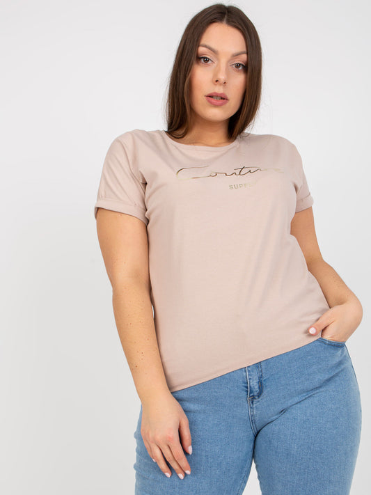 Beżowy t-shirt plus size z napisem